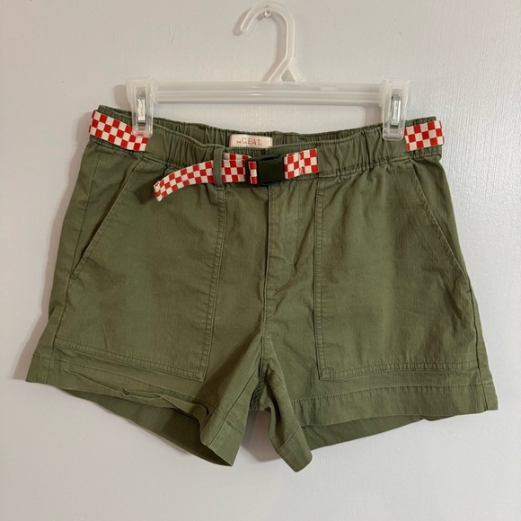 THE GREAT. Olive Green Bike Shorts with Red Checkered Belt Size 2 - Picture 1 of 8